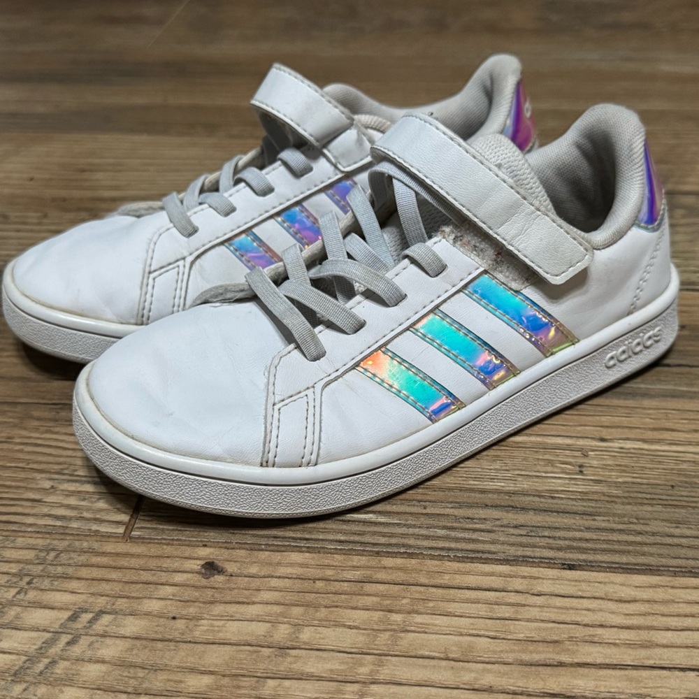Kids Adidas White and Silver Sneakers with Iridescent Stripes - FREE SHIPPING